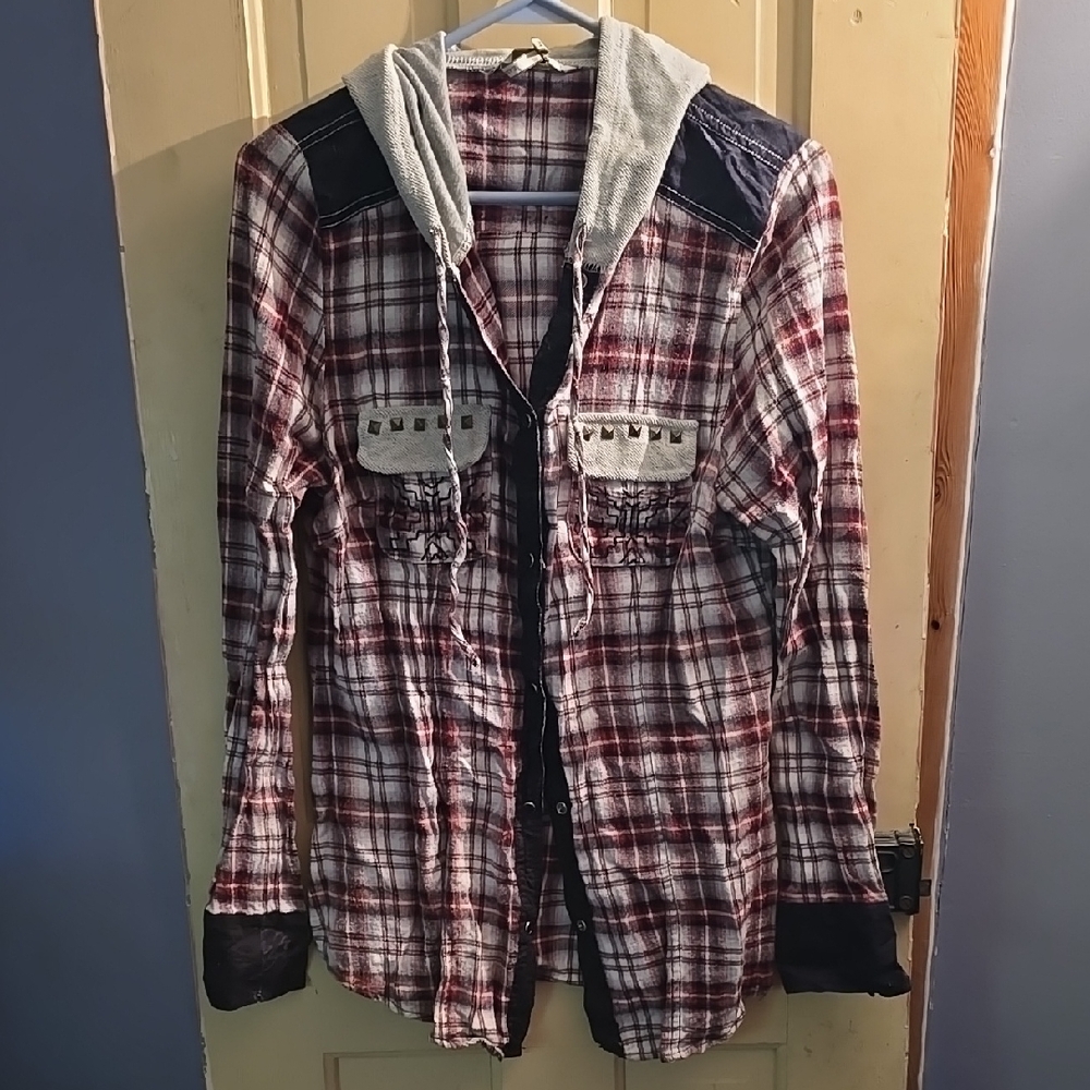 Plaid Hooded Button-Up Shirt with Studded Pockets